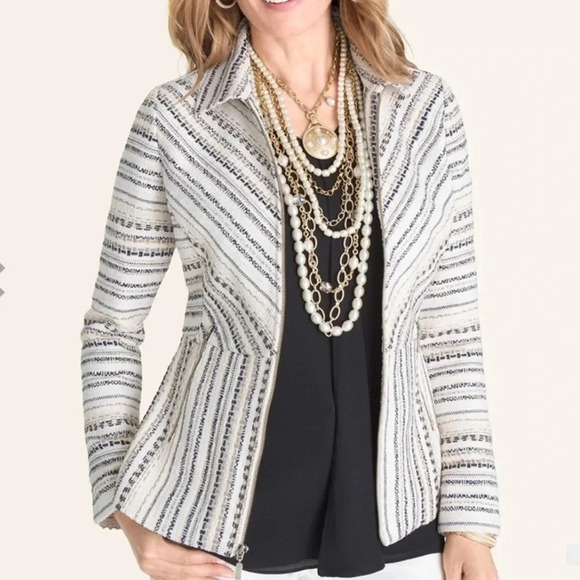 Chico’s Tweed Jacket Size 3 (16-18) Stripped Blazer Zip Closure Side Pockets - Picture 2 of 16